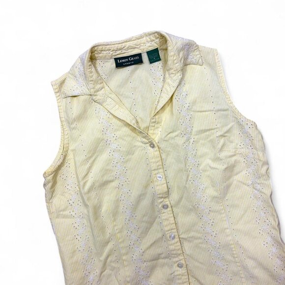 Vintage Lemon Grass Baby Yellow Embroidered Cotton Sleeveless Shirt Button Up Ta - Picture 2 of 5